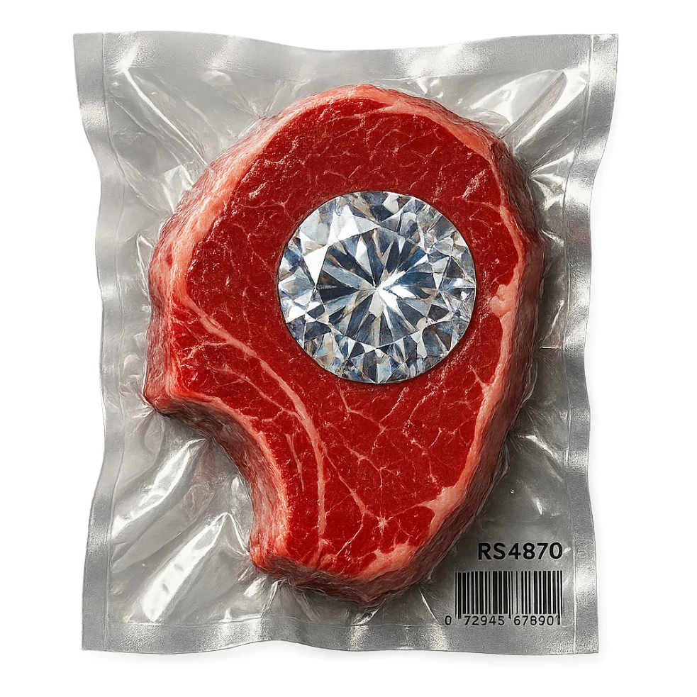 meat steak with sparkling diamond facets, glossy and puffy, vacuum-sealed style sticker