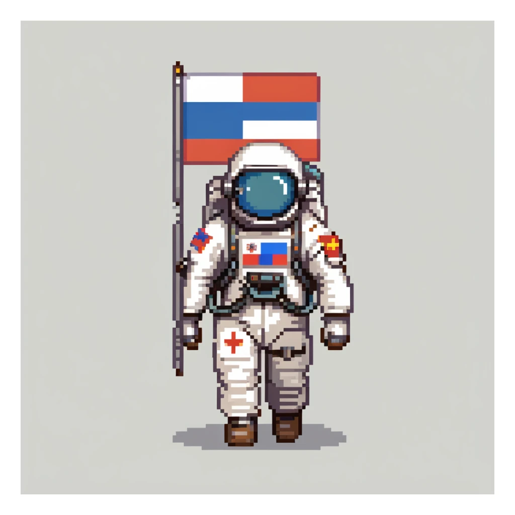 Cosmonaut walking on a planet surface, wearing a spacesuit with Russian flag, light hair and light skin visible through helmet sticker