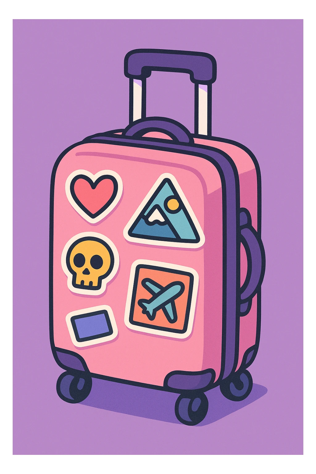 pink and purple rolling suitcase with various travel stickers, thick line art, flat pastel colors, graphic shadows and highlights, white sticker outline, cute cartoon style, variation 1 sticker
