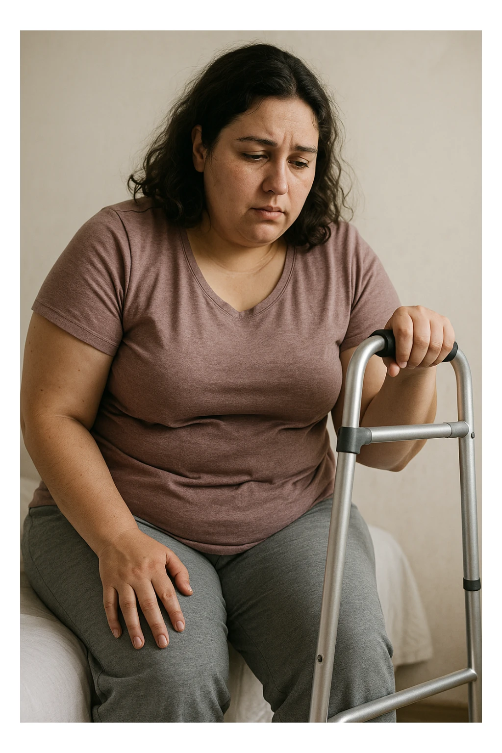 Donna con problemi difficoltà  nella mobilità a causa della sua PCOS, immagine realistica sticker