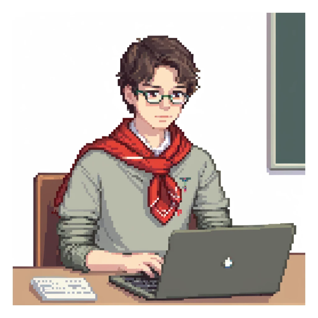 Soviet young pioneer with red neckerchief sitting at a laptop computer sticker