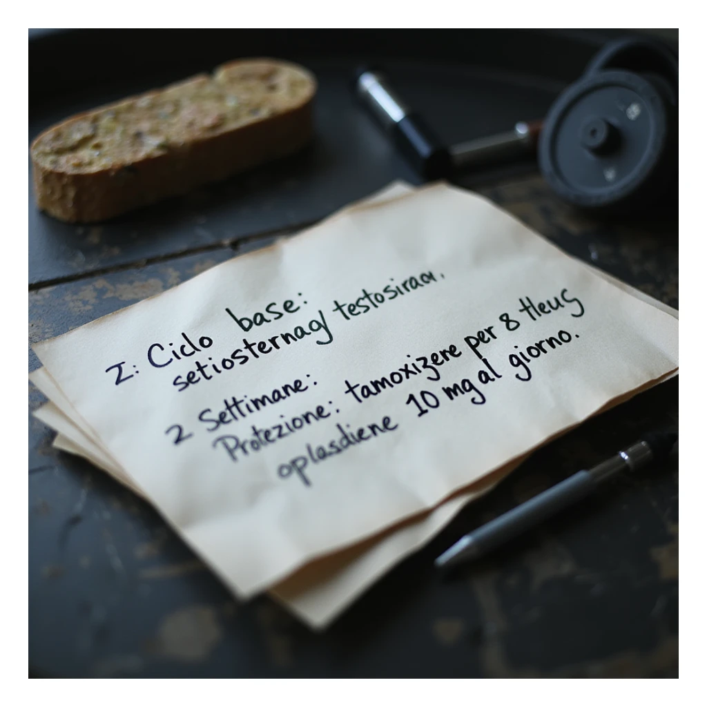 Close-up of a handwritten sheet on a gym desk with the protocol: 'Ciclo base: testosterone enantato 250 mg/settimana per 8 settimane. Protezione: tamoxifene 10 mg al giorno.' Hyperrealistic style, 4K details, professional atmosphere. sticker