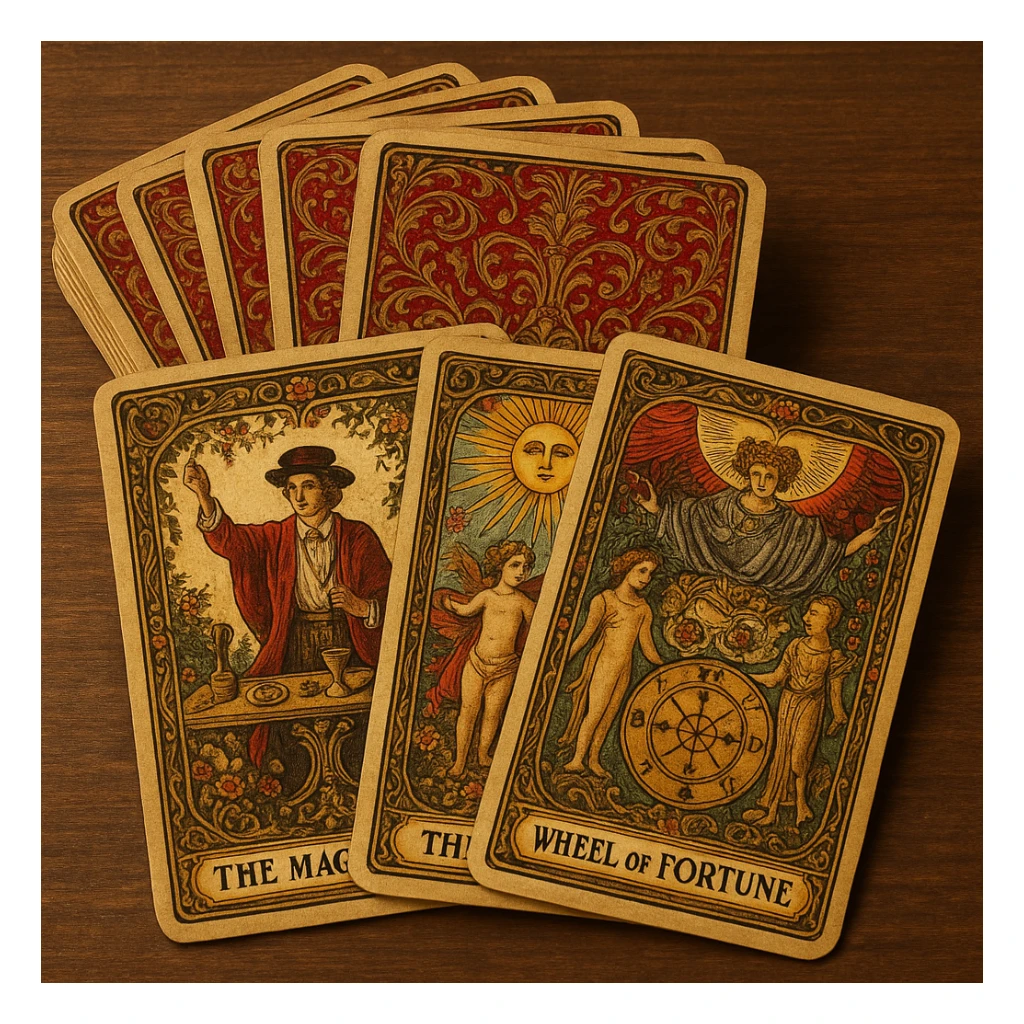 highly detailed tarot deck with decorative card backs, classic Victorian motifs, rich colors, cards stacked and slightly spread sticker