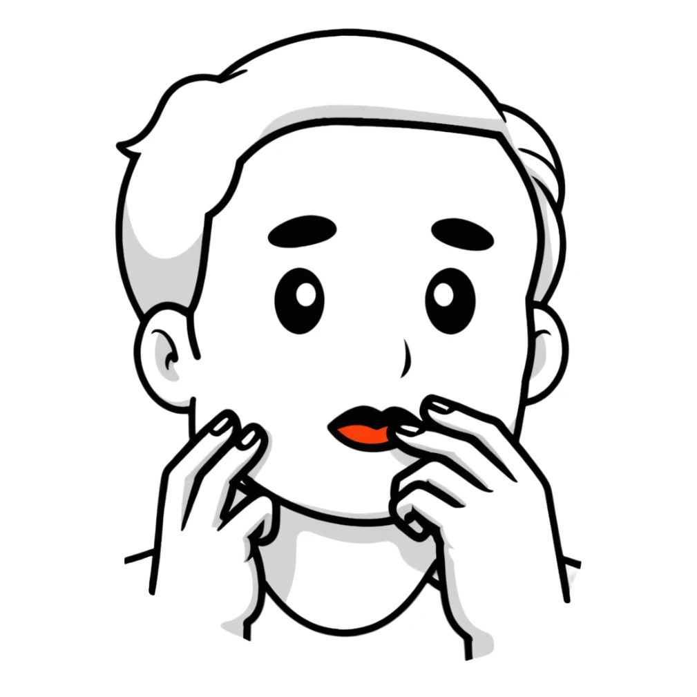 cartoon face making shush gesture with finger on lips, pointing at jaw, pressing cheekbones sticker