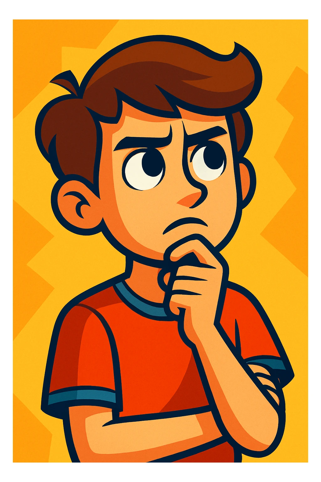 brown-haired adolescent with white skin, hand on chin, analytical gaze, vibrant style sticker
