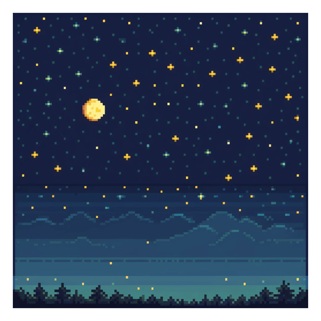 Pixel art starry night sky with twinkling stars and moon sticker