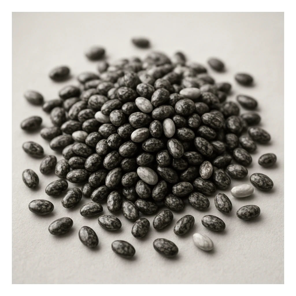 chia seeds, photorealistic, black and white seeds, close-up view, light background sticker