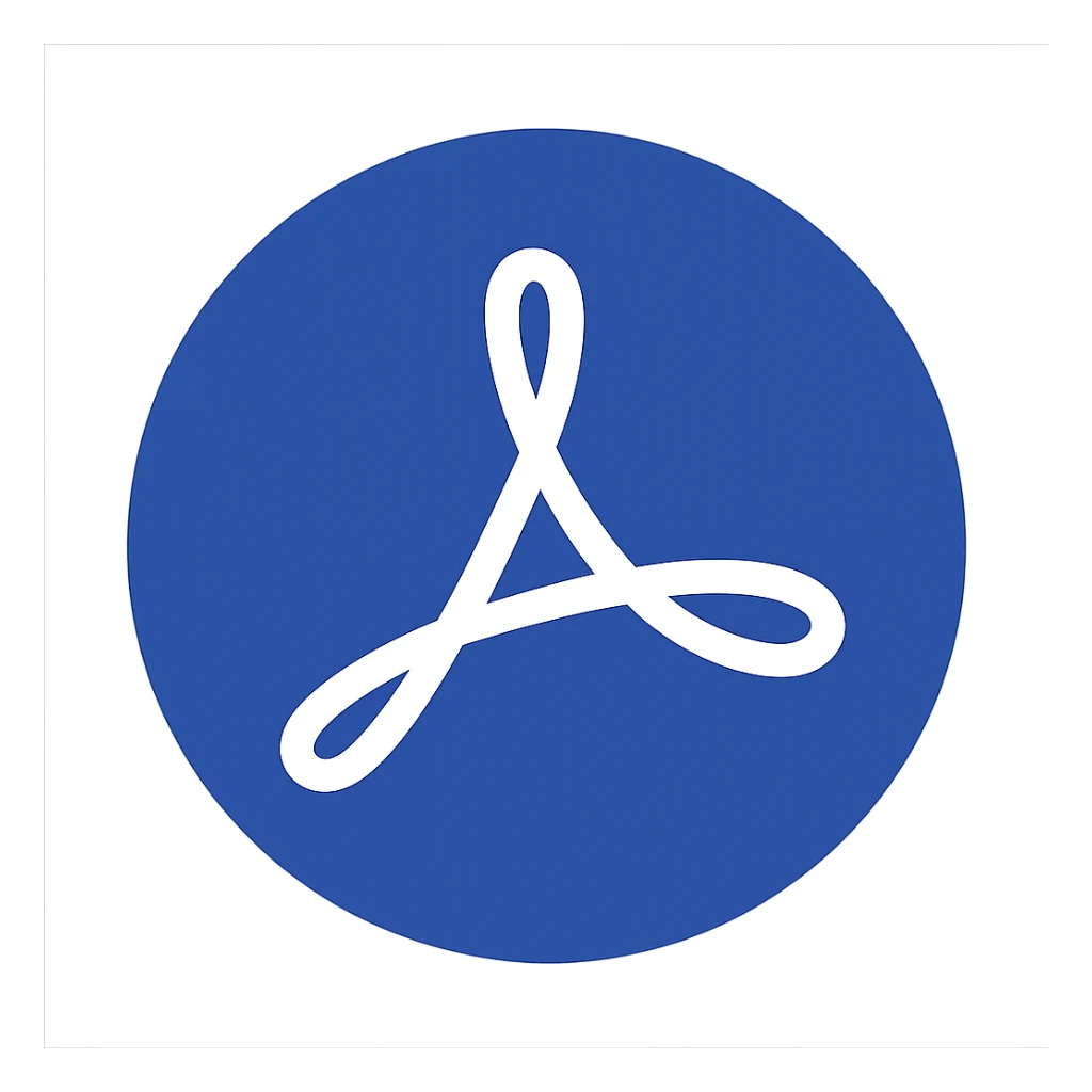 Reimagine the Adobe Acrobat logo in a flat, modern style consistent with the flat blue icon style. Use a blue circular background with a simplified white Acrobat symbol in the center. The design should have clean, simple lines, prioritize clarity and recognizability, and match the style and color palette of other blue circular icons. The background outside the circle should be fully transparent. sticker