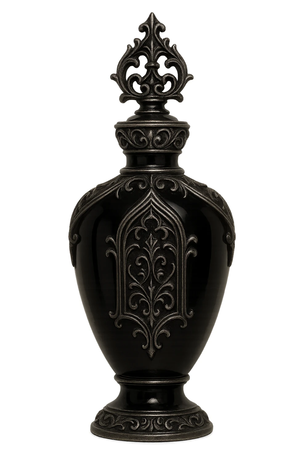 gothic perfume bottle, black glass with silver accents, no background sticker