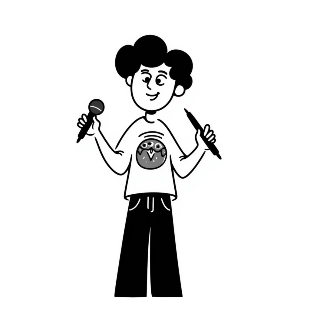 enthusiastic musician with wide smile holding microphone and pen, energetic expression sticker