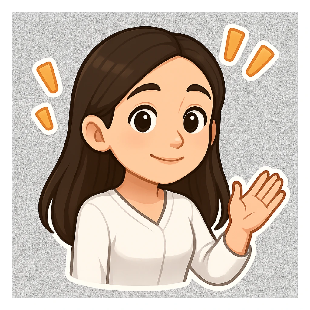 Create a 3D chibi bitmoji style sticker of the girl from the reference image, preserving the same face, hair, and style. She has an attentive and kind face with exclamation marks. The sticker should have a white outline and a transparent background. sticker