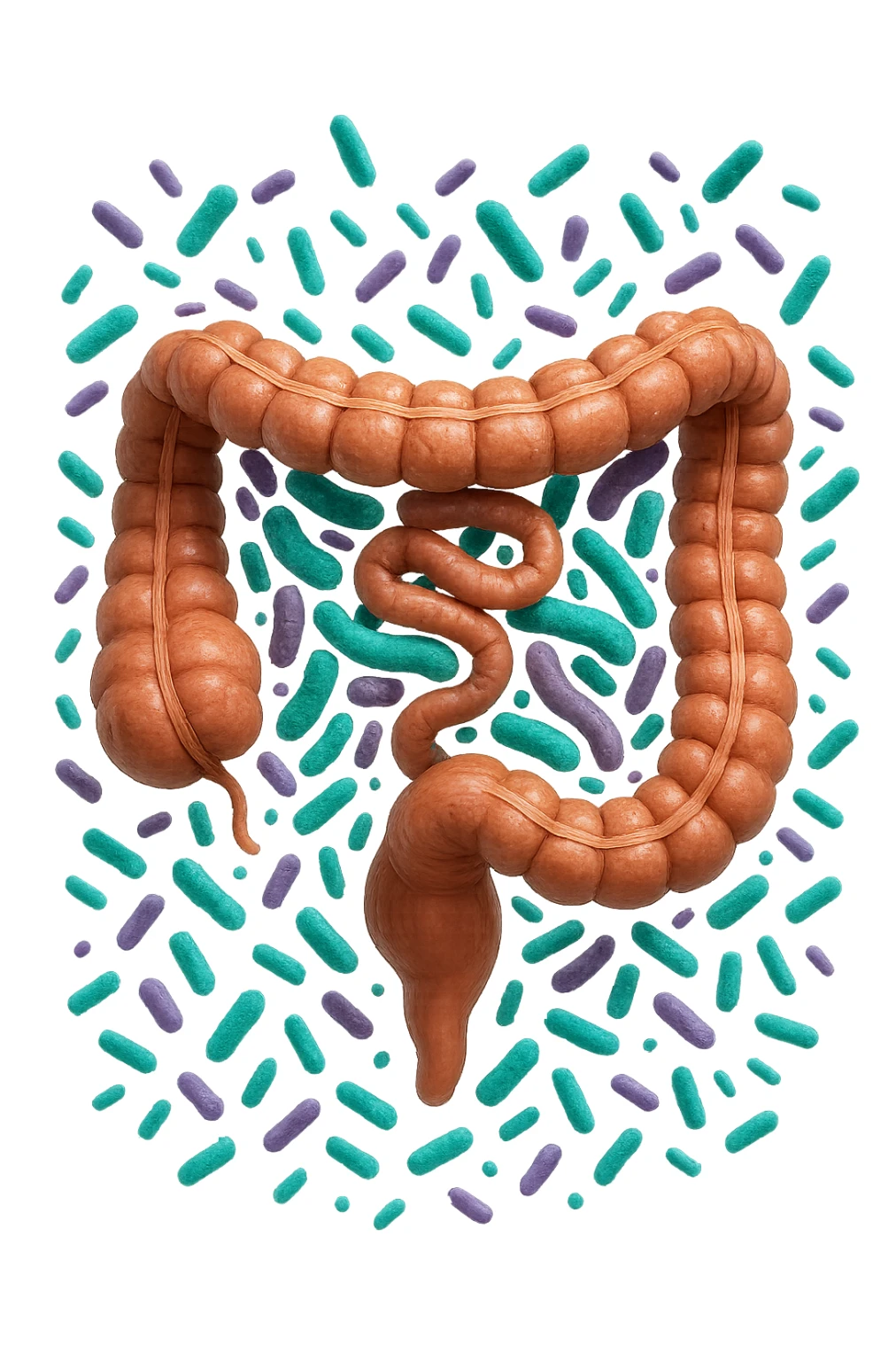 intestino umano anatomico realistico pieno di batteri intestinali viola e turchesi che gli fluttuano intorno, IPERREALISTICA 4K sticker