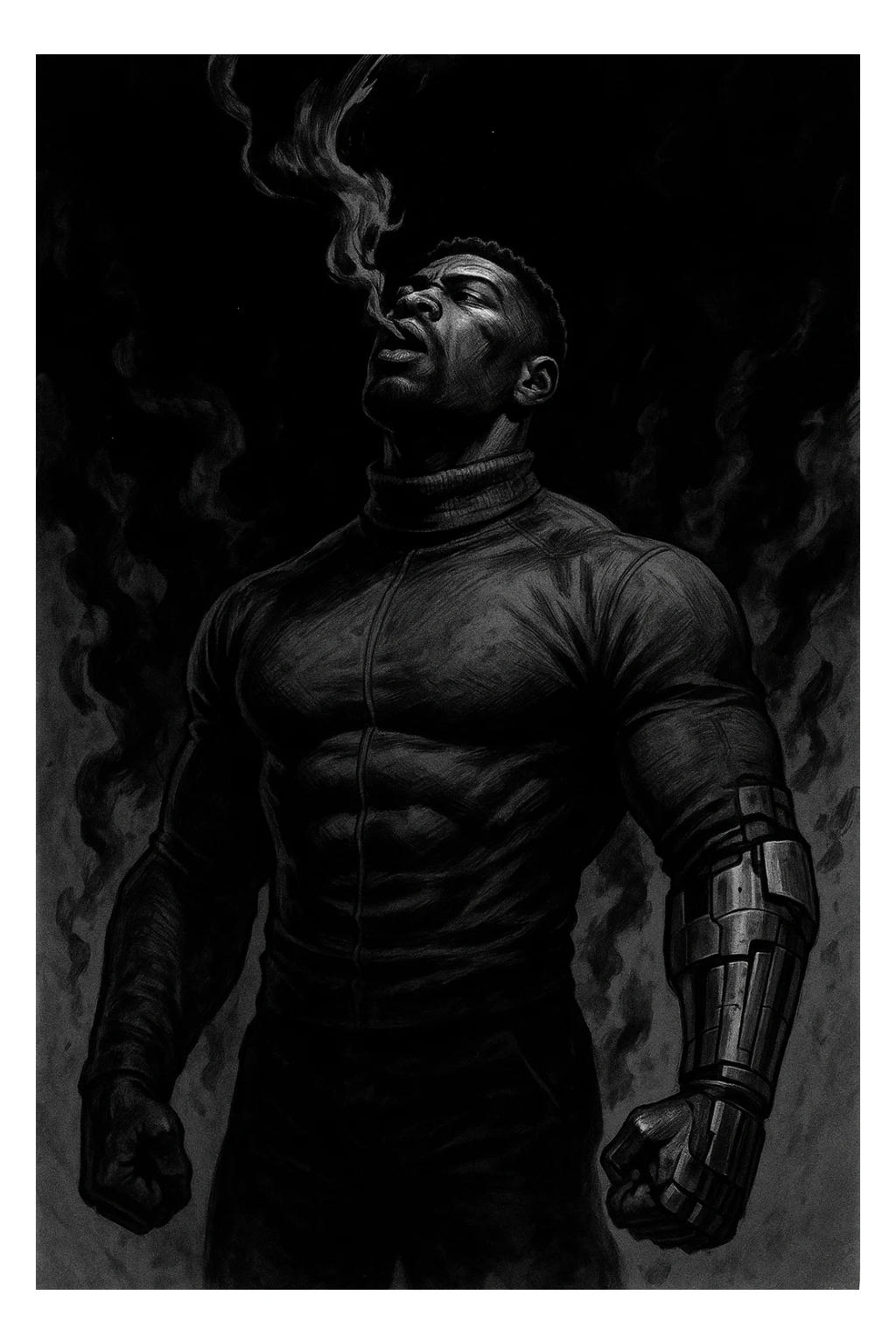 Black and white comic book panel of an extremely muscular African American man with cybernetic implants standing in the dark, surrounded by smoke. He is wearing a long-sleeved shirt with a high collar, and his chest is sculpted. sticker