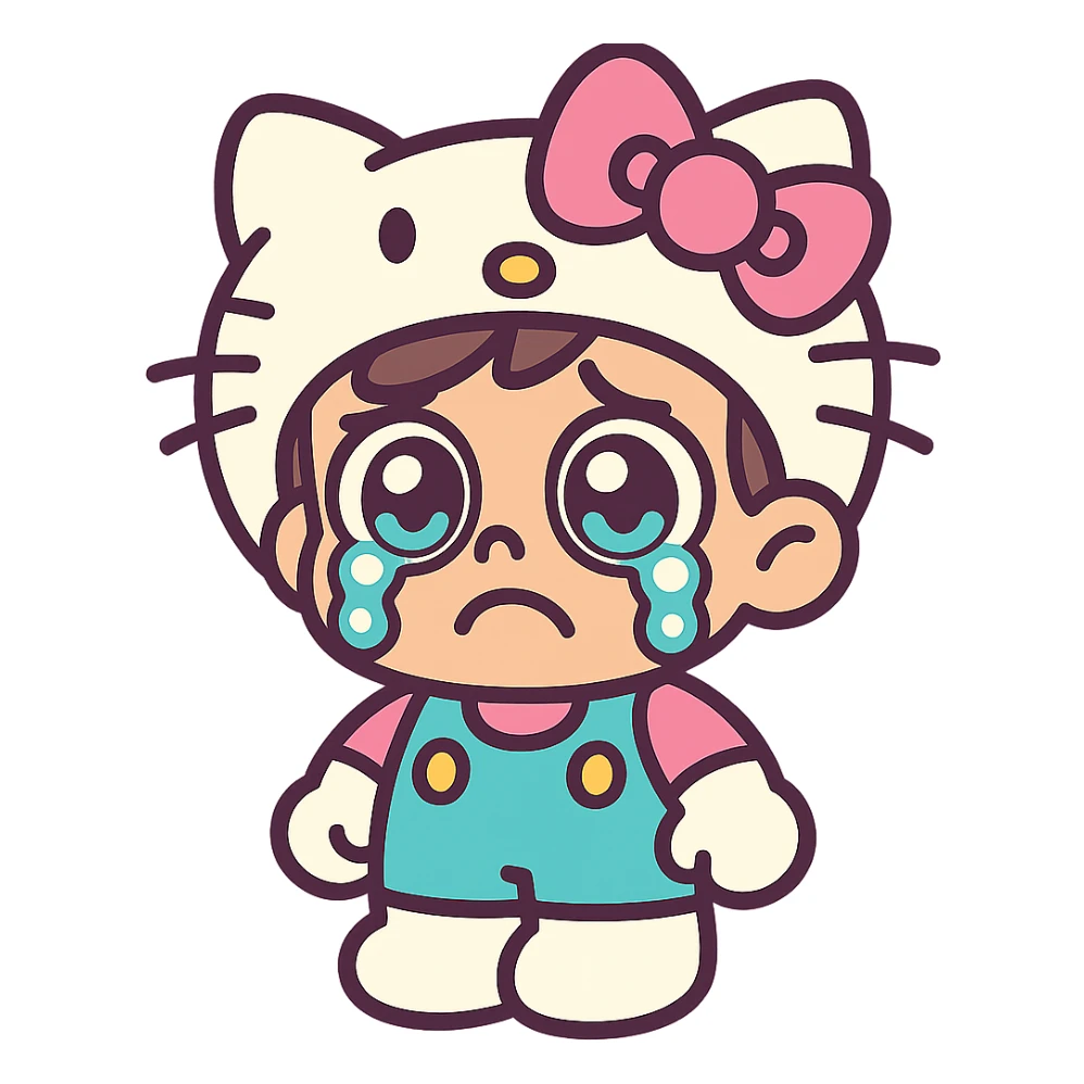 a cartoon boy dressed as Hello Kitty, crying, big eyes, pink bow, vibrant toon style, pastel colors sticker