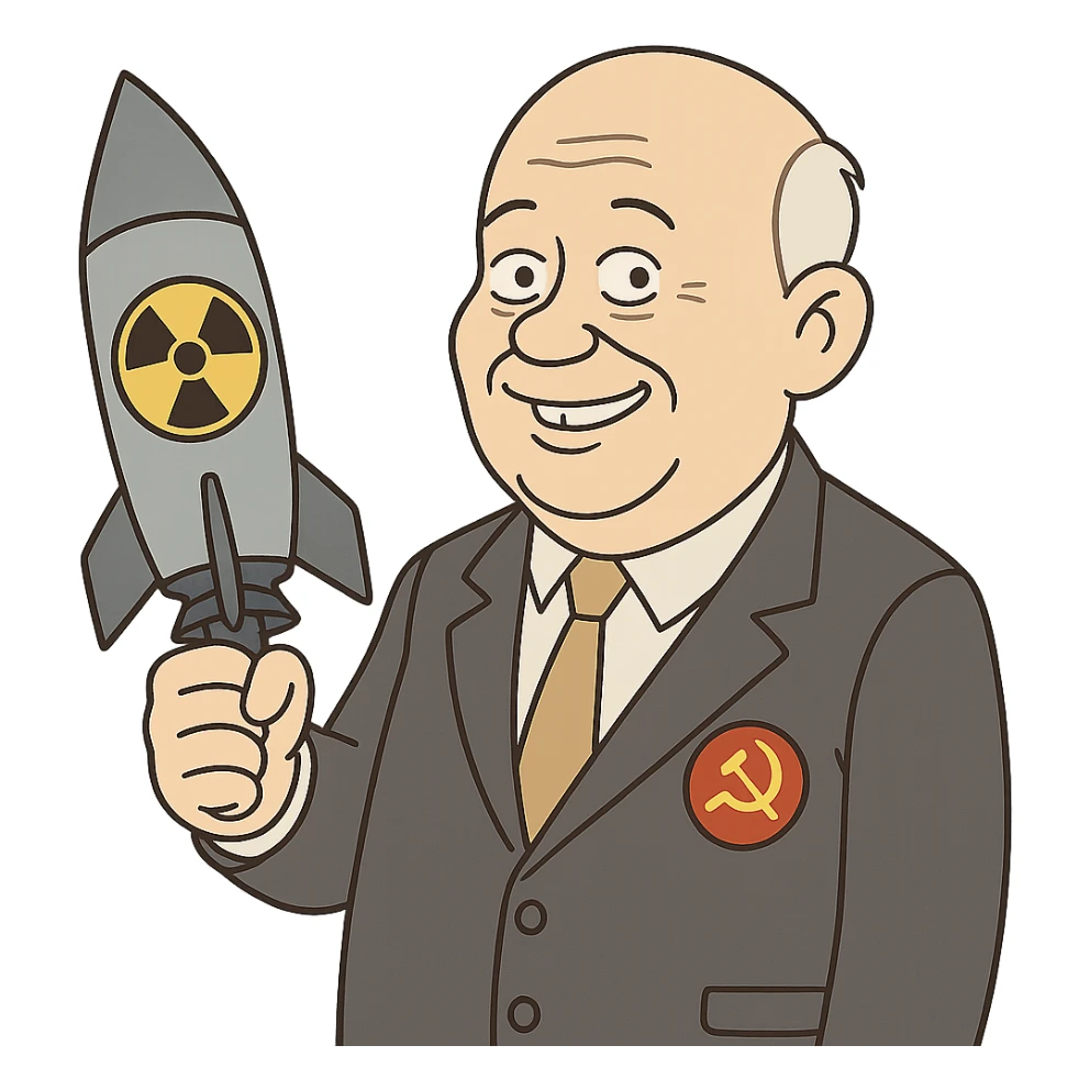 Soviet leader Nikita Khrushchev wearing a suit with a large communist badge holding a nuclear weapon and smiling sticker