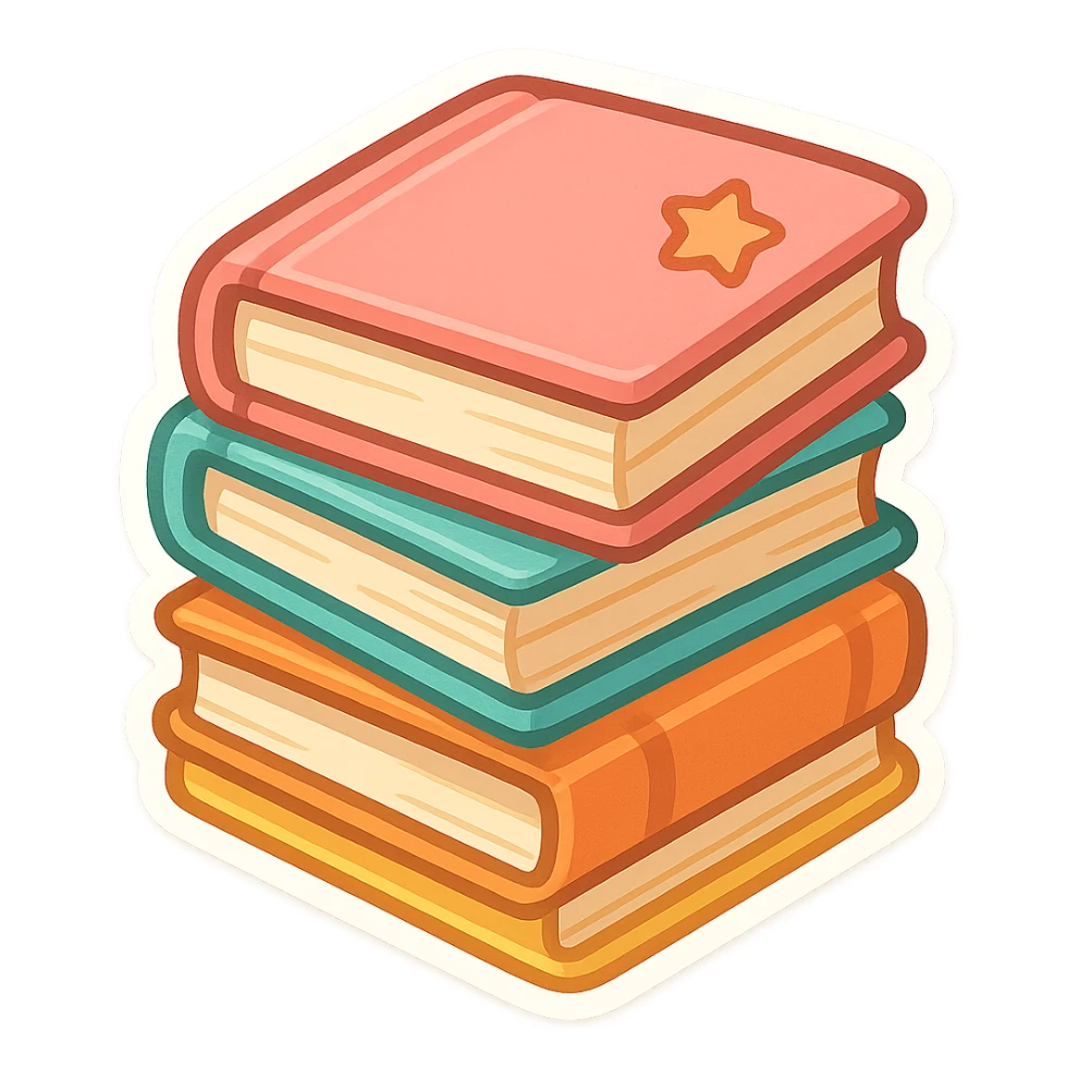 a stack of books, colorful, playful style sticker