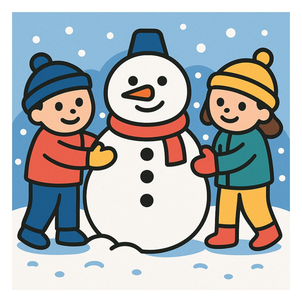 Add a snowy background behind the kids building a snowman, keep the original color outline icon style sticker