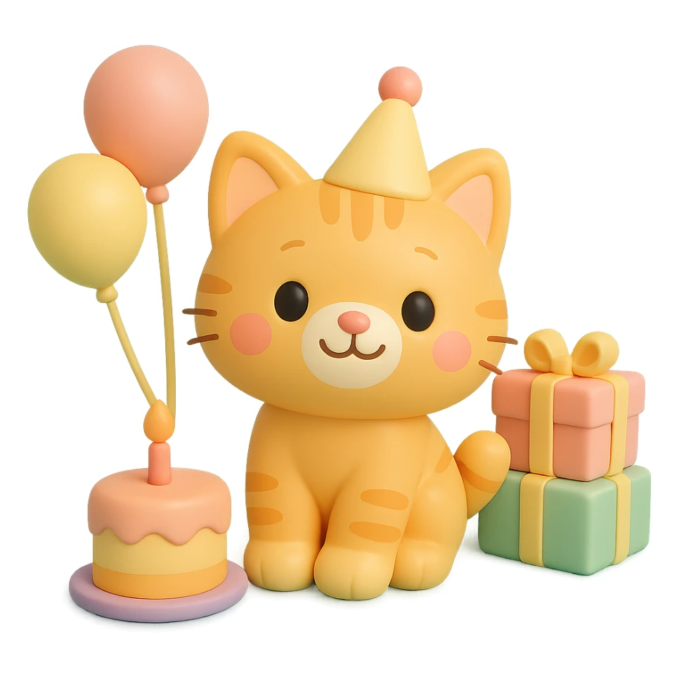 ginger tabby kitten sitting next to a stack of gifts, wearing a party hat, birthday cake and balloons around, cheerful sticker
