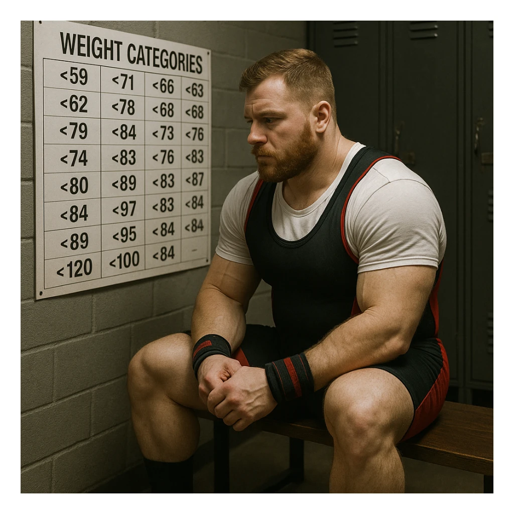 Powerlifter in competition clothing, sitting on a bench, reflecting while looking at a weight category chart, concentration atmosphere, realistic details, locker room background sticker