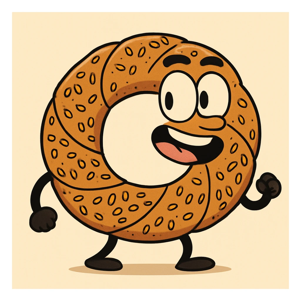 cartoon style simit, Turkish sesame bagel, bold lines, bright colors sticker