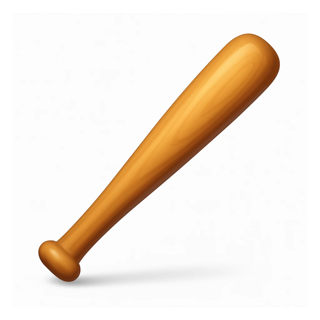 Create a baseball bat emoji exactly like the reference image in iOS emoji style. The bat should have a smooth, shiny wood texture and a classic bat shape with no hand visible. Add a soft shadow to the bat. The style should reflect the iOS emoji aesthetic. sticker
