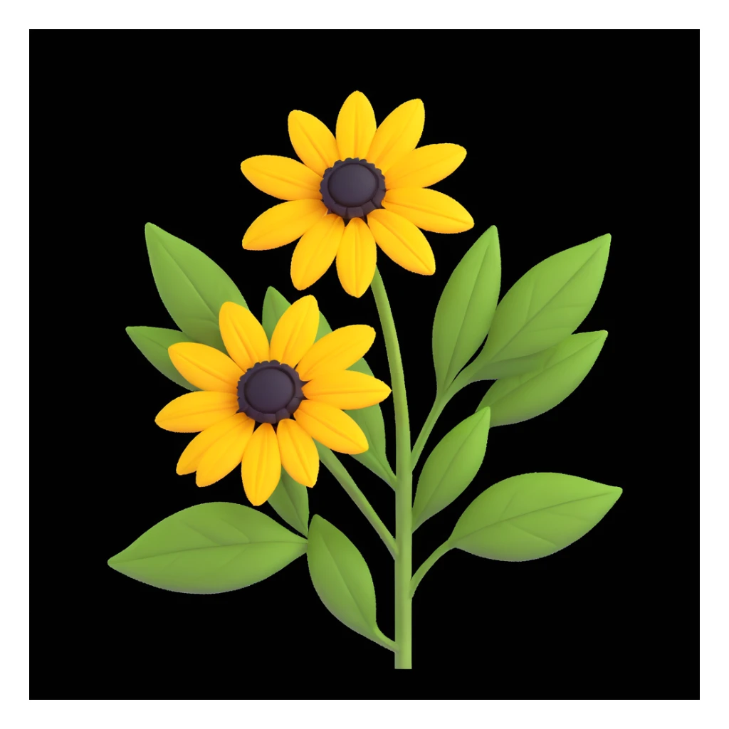 yellow rudbeckia flower with green leaves, 3D volumetric iOS style, white background, realistic shading and highlights sticker