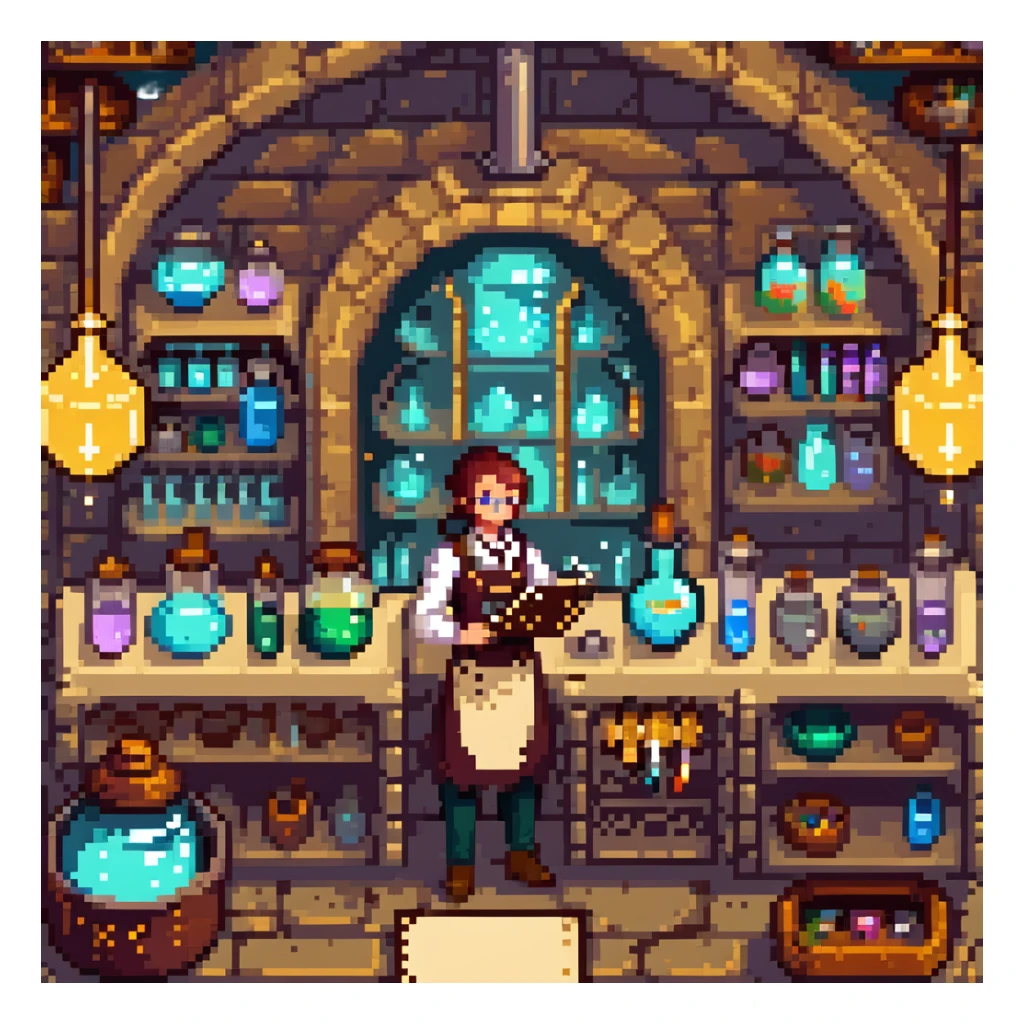 A mystical baker surrounded by bubbling glass flasks, enchanted ingredients, and a brass-trimmed oven. The workspace feels like a magical lab with parchment scrolls, glowing powders, and steampunk-style machinery. UI elements resemble aged parchment, crystal knobs, and smoky overlays. sticker