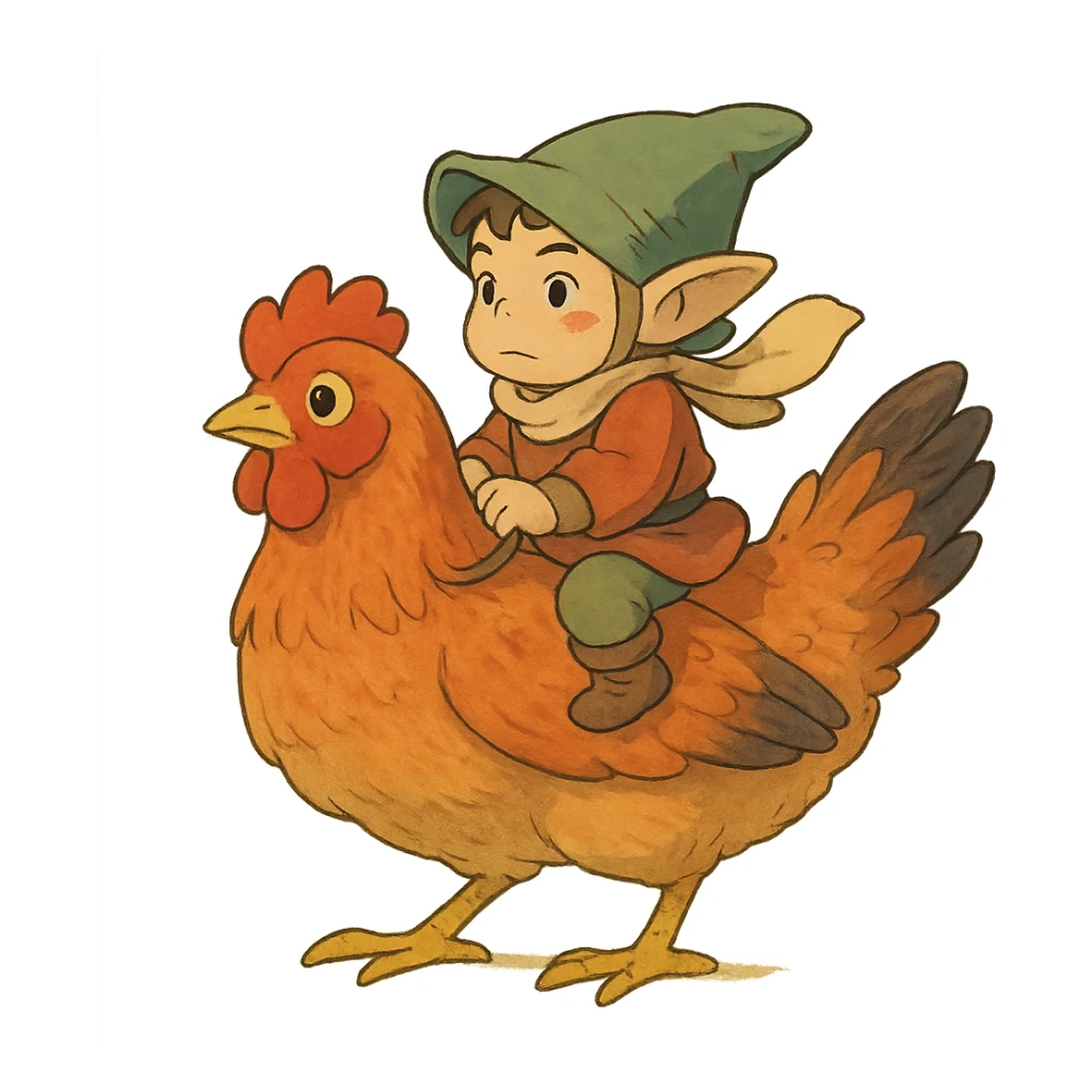 ghibli style chicken jockey small character riding a chicken sticker