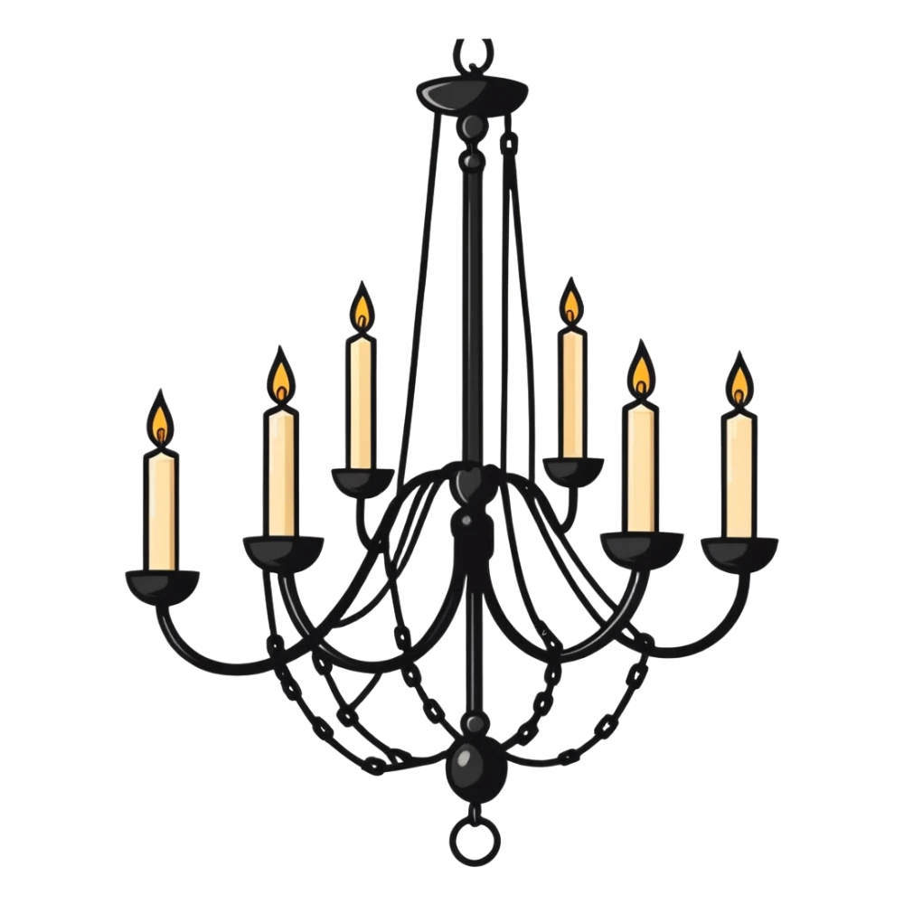 Simple minimalistic hanging chained black Ceiling chandelier with beige-white candles sticker