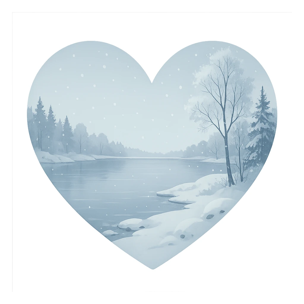 heart with a tranquil snowy lakeshore, clean digital illustration sticker