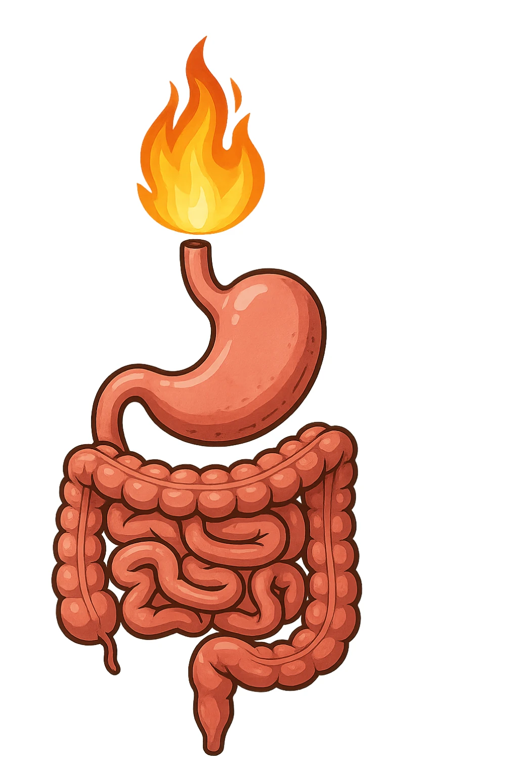 intestino e stomaco sono collegati, con una fiamma che brucia sopra, isolate su sfondo bianco sticker