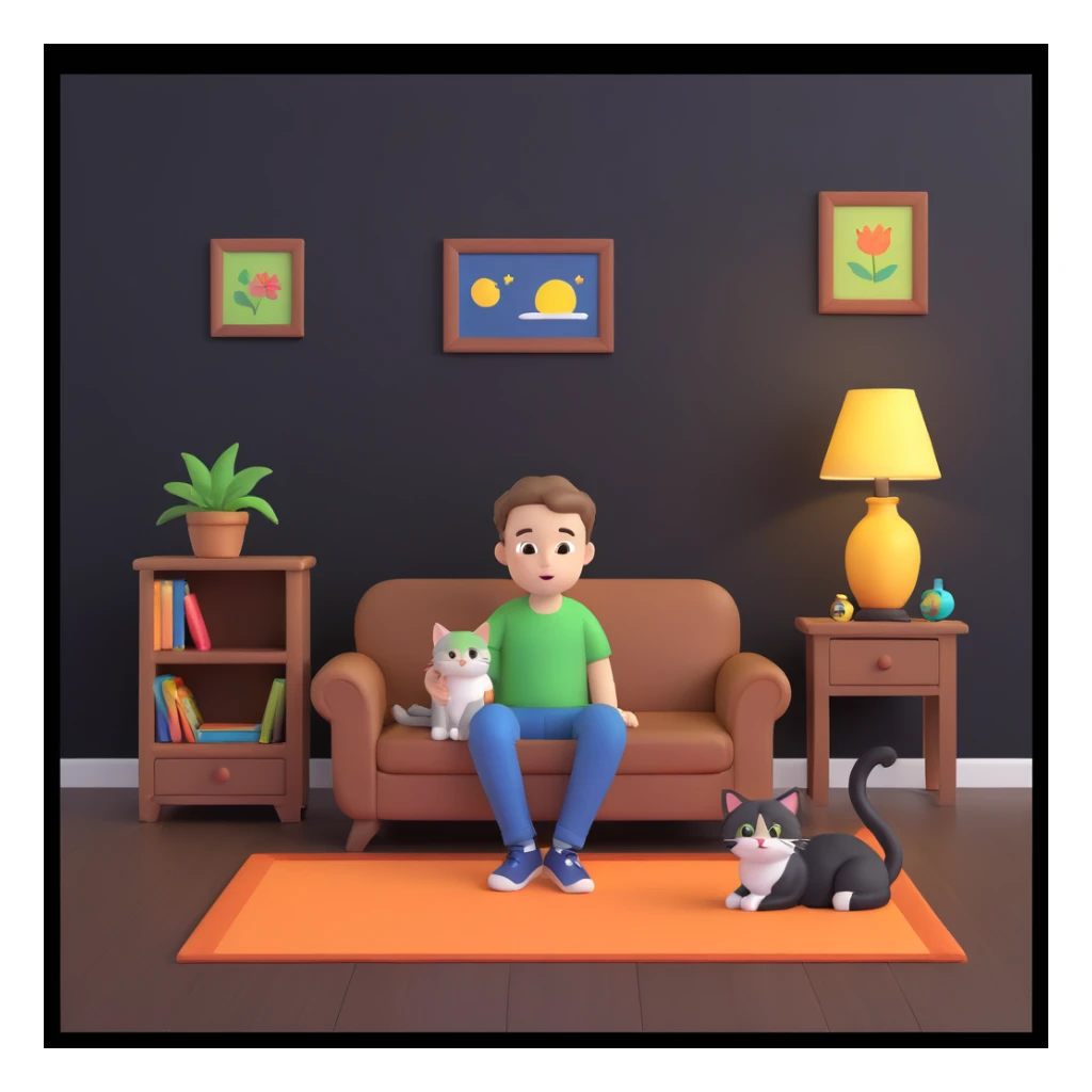 boy and cat pet, living room background sticker