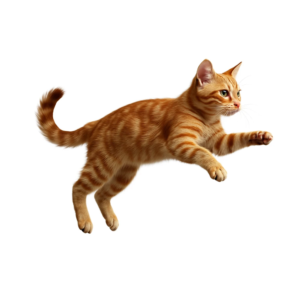 Transform the jumping European shorthair cat into a realistic tabby cat with detailed realistic fur, maintaining the energetic pose and a white background. sticker