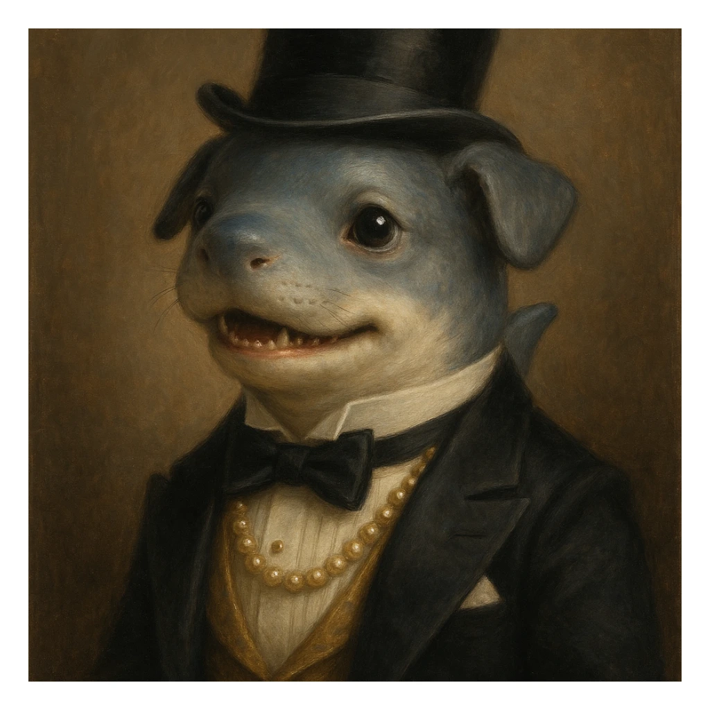 a shark puppy dressed for a high society party sticker