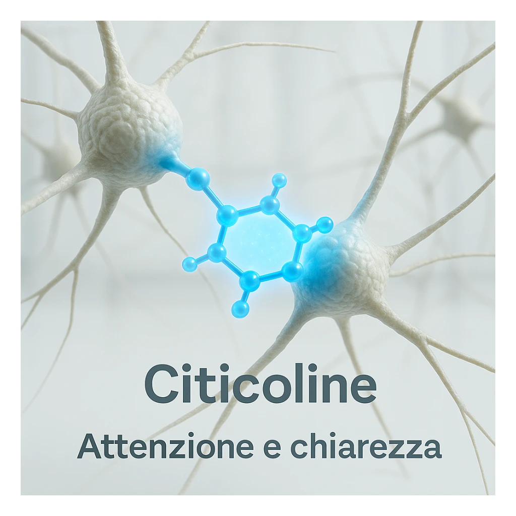 Citicolina che favorisce il focus, iper realistico, molecola blu che collega neuroni, scritta 'Attenzione e chiarezza', atmosfera clinica, sfondo chiaro sticker