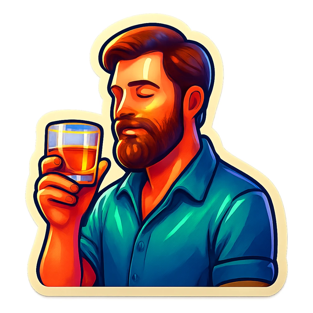 A man with a beard holding a glass of whiskey sticker
