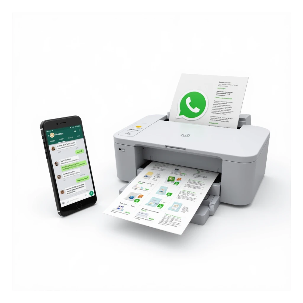 realistic thumbnail for a WhatsApp print out service, smartphone on the left side with WhatsApp open, chat showing various file types, printer on the right side printing out a variety of files, white background sticker