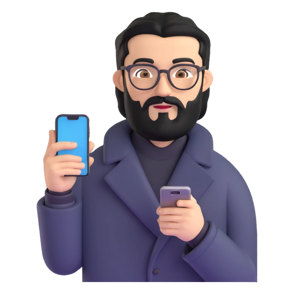professional man standing, wearing black coat, with medium black beard, black hair neatly combed to one side, connected unibrow, olive tan skin, brown eyes, glasses, prominent nose, holding a smartphone sticker
