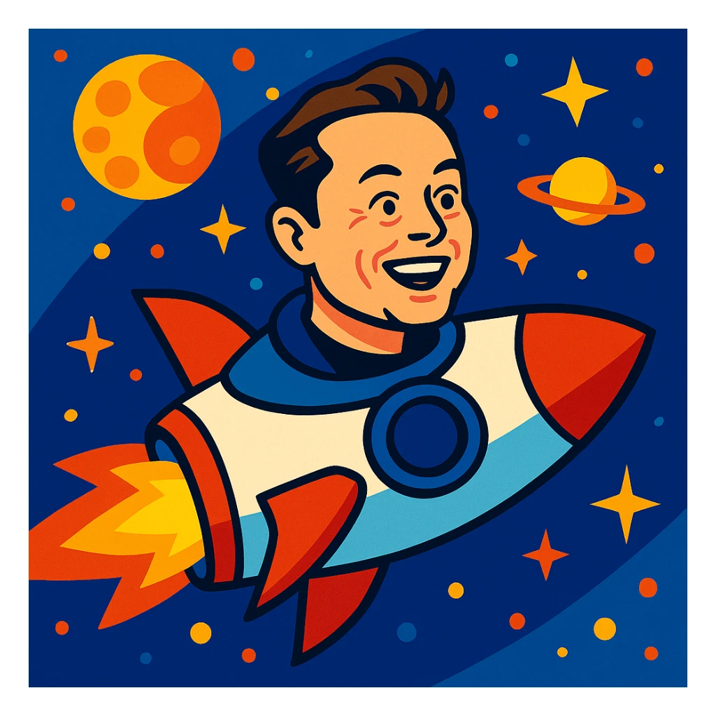 Elon Musk in a rocket ship, playful style, vibrant colors sticker