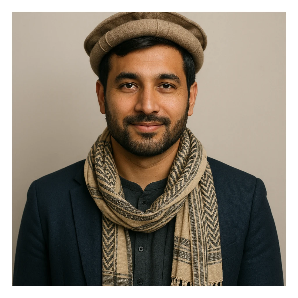 Pashtun man in modern clothing with a traditional scarf, short beard, friendly expression, neutral background sticker