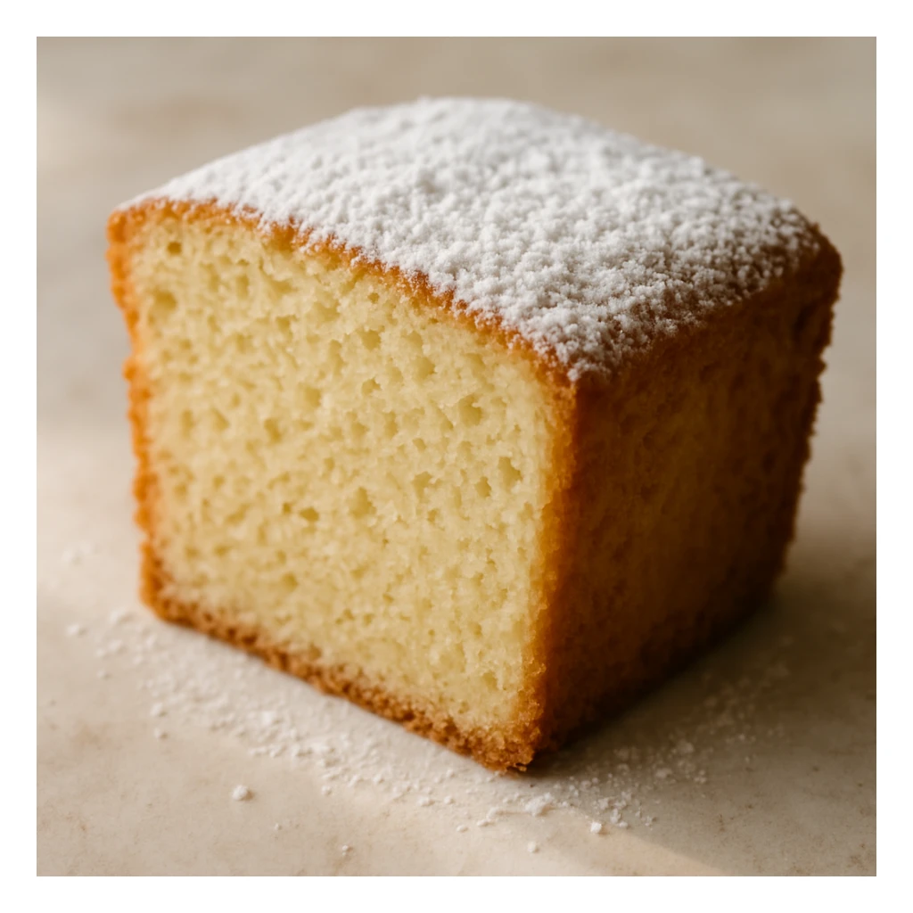 a slice of pound cake with a light dusting of powdered sugar sticker
