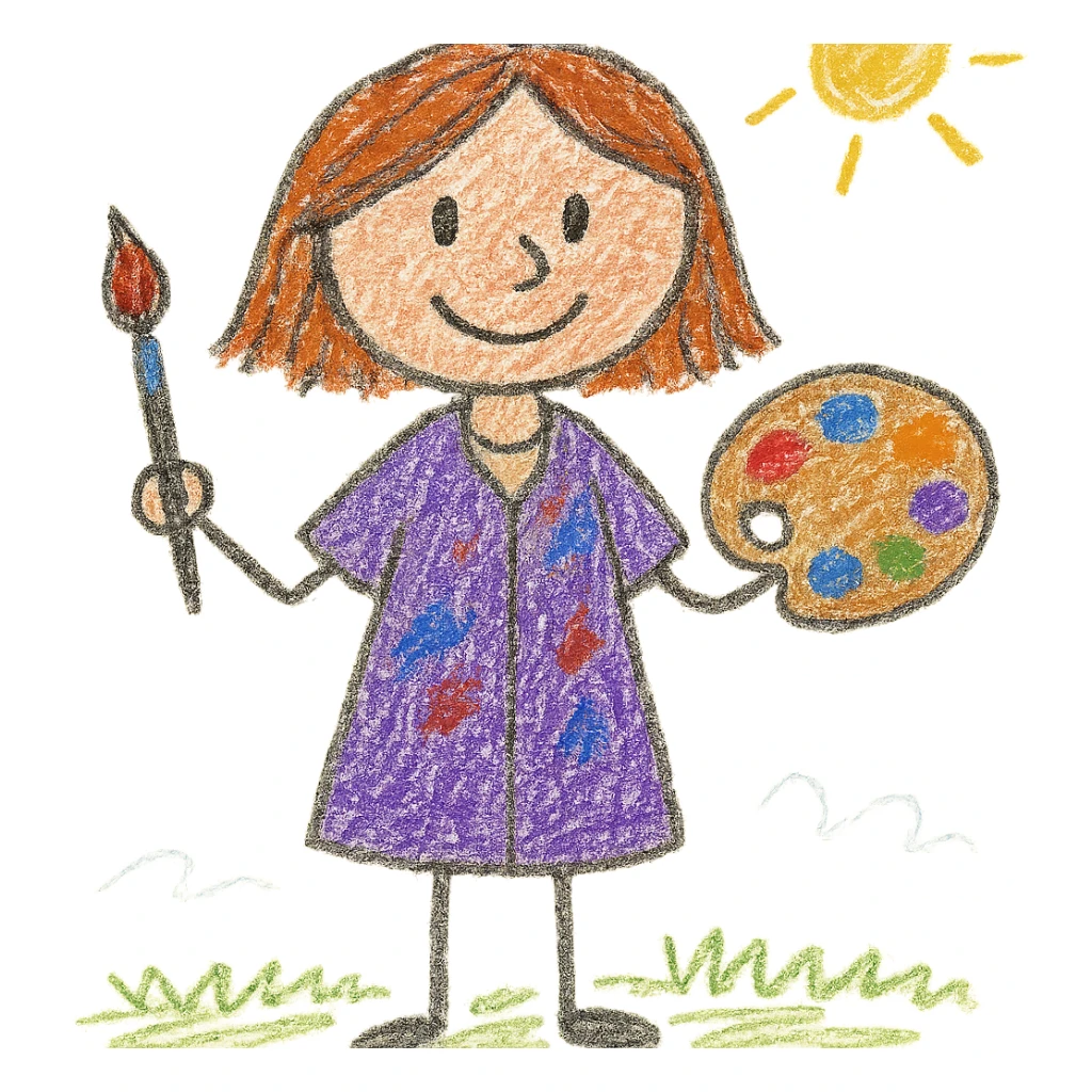 Serene female oil painter, Caucasian features, shoulder-length auburn hair, soft brown eyes, gentle smile, wearing a violet painter’s smock lightly stained with paint over a beige blouse, holding a wooden palette with vibrant colors in one hand and a brush in the other, waist-up, front-facing sticker