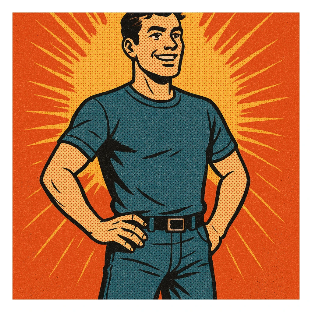 modern everyday hero, casual clothes, confident stance, comic book style sticker