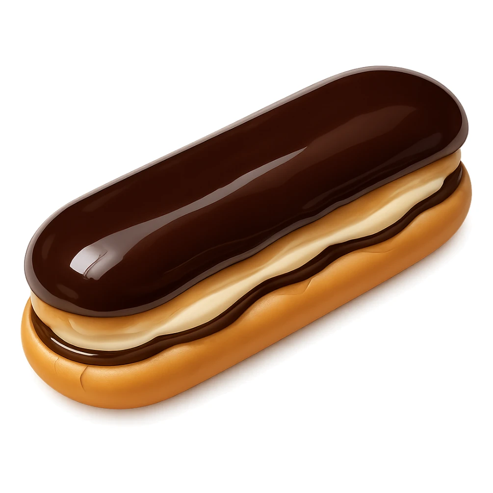 Add a glossy chocolate glaze on top of the dairy-filled eclair, keeping the style and background the same as the original image. sticker