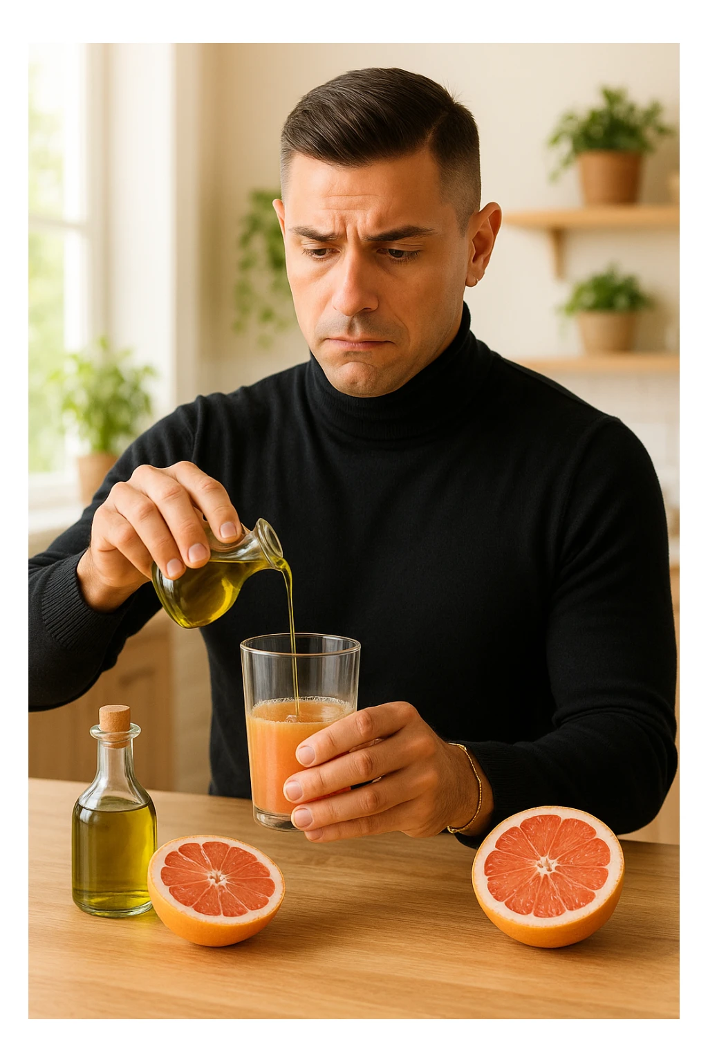 A realistic, warm-toned photo-style image of a man in his kitchen preparing a liver and gallbladder flush. On the counter, there is a small glass bottle of high-quality extra virgin olive oil with a rich green hue, and a freshly cut pink grapefruit with a small glass of its juice next to it. The man, in his mid-30s, looks focused and slightly apprehensive as he mixes the olive oil and grapefruit juice in a clear glass, preparing to drink it as part of a natural gallbladder cleanse. The background is clean, bright, and minimalist with wooden countertops, green plants, and sunlight coming through the window, giving a sense of natural health practices. The mood conveys a realistic moment of alternative health care, illustrating the preparation and intention for a natural flush to address gallstones, while maintaining a calm, educational, and hopeful tone in italiano sticker
