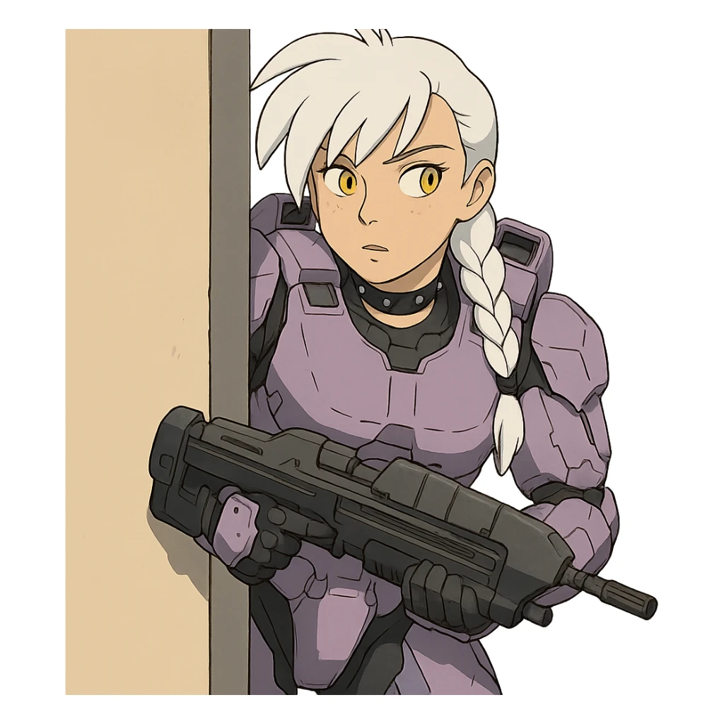 female, wearing reach spartan armor default, long white braid hair with massive messy front side single bangs, gold yellow eyes, attention pose, HALO:series, no helmet, the armor is lavender color scheme, shoulder pad off. DDD bust size fitting. Punk gothic cyberpunk, peeking around a corner wall brandishing a classic halo1 AR sticker