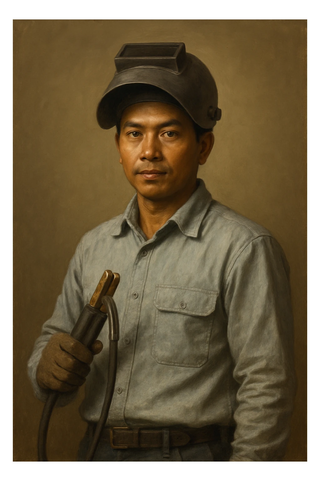 Сгенерируй мне в стиле реалистичной живописи на однородном фоне сварщика индонезийской внешности. Он одет опрятно и чисто sticker