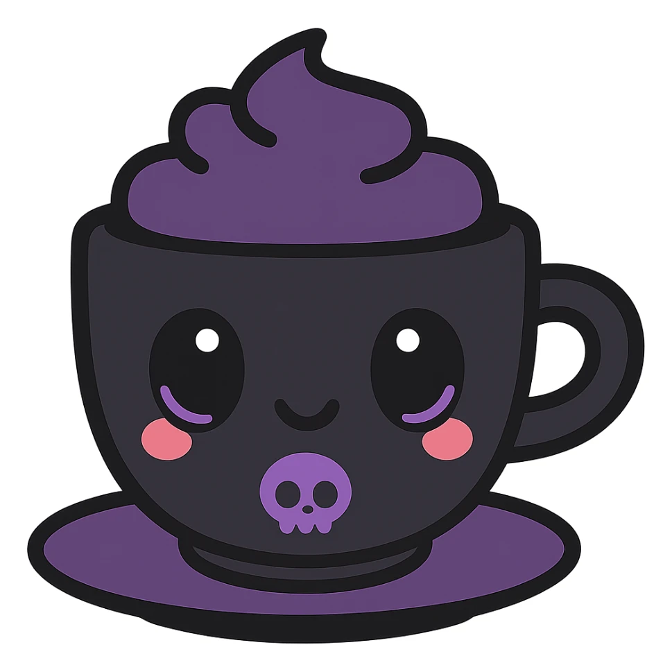 kawaii style gothic mocha in a cup with skull motif, adorable expression, black and purple color scheme, blushing cheeks, cute and mysterious sticker