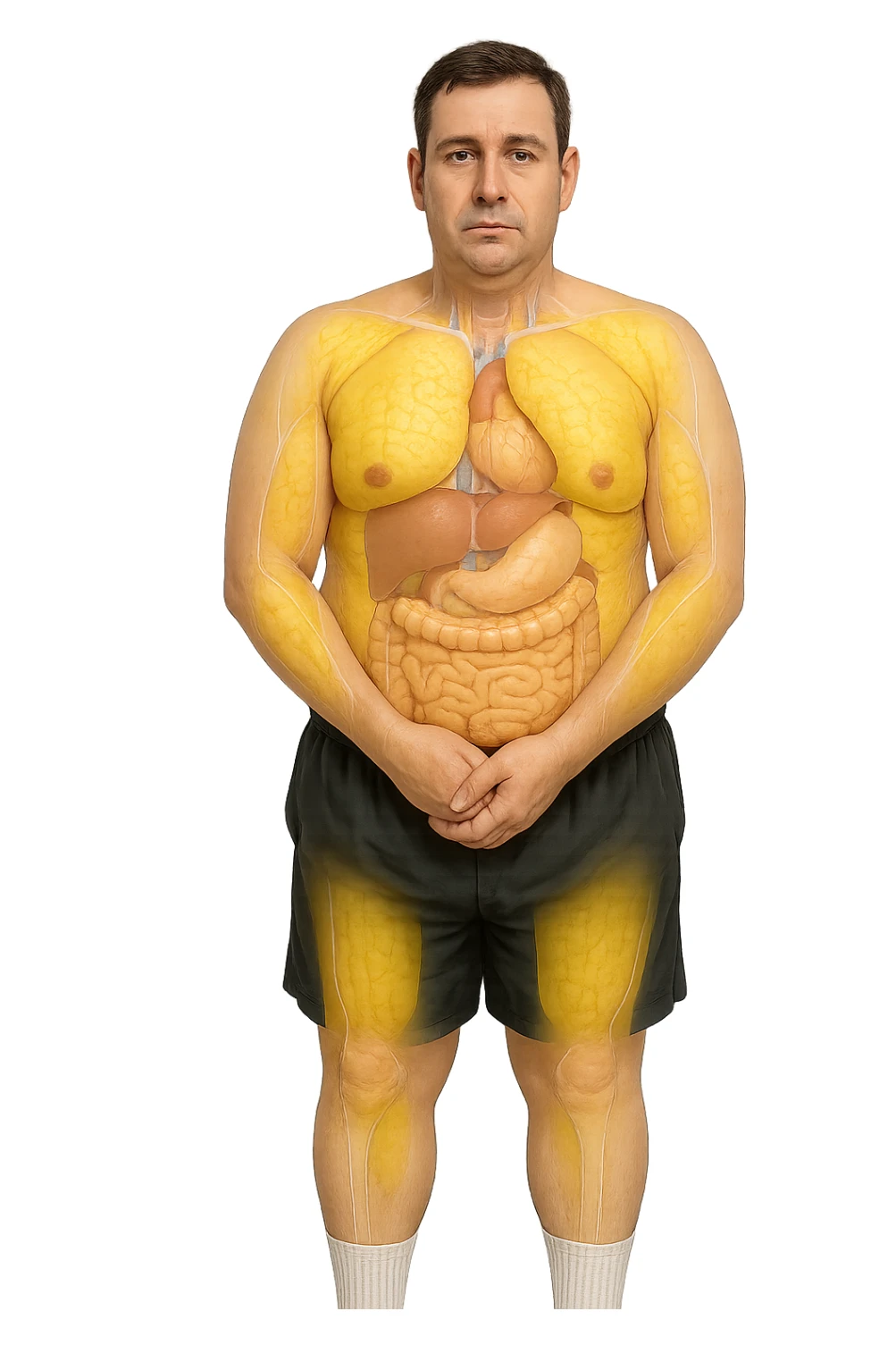 a middle-aged man stands in a clinical setting, with semi-transparent overlays highlighting areas of excess body fat accumulation—such as the abdomen, chest, and thighs. The fat tissue is shown in yellow, contrasting with underlying muscles and organs. The man’s expression is neutral, and the background is clean and modern, emphasizing the educational aspect. senza scritte sticker
