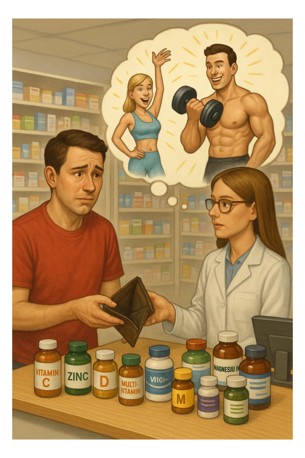 a man stands at a pharmacy counter, handing over a nearly empty wallet to the cashier while the counter is filled with bottles of supplements and vitamins. His expression is hopeful but slightly anxious. In the background, a thought bubble shows exaggerated images of instant health and fitness, symbolizing unrealistic expectations.  sticker